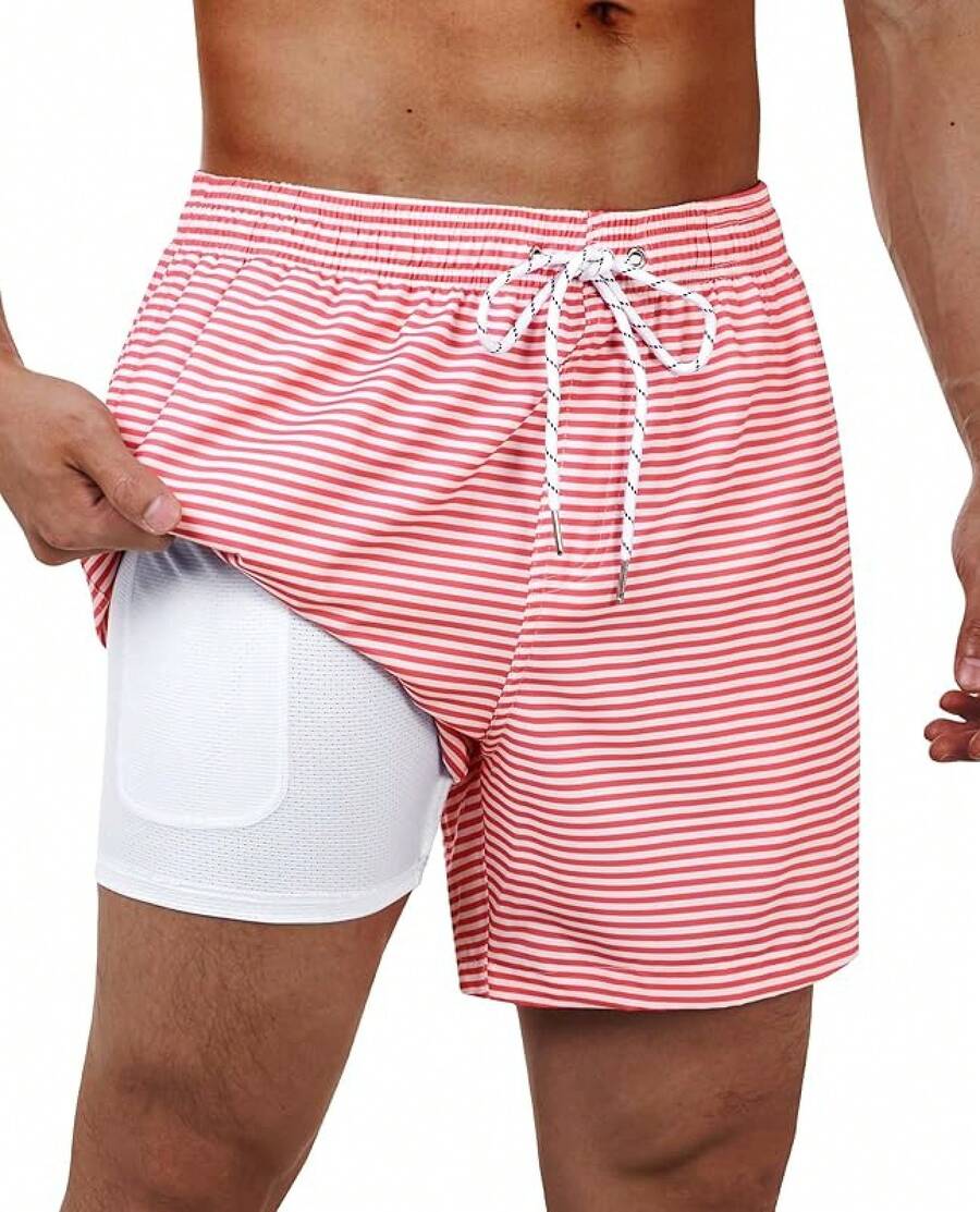 Bañador de hombre con forro de compresión, pantalón corto de baño de 5 pulgadas de entrepierna para hombres - Rayas rojas - Ver 1