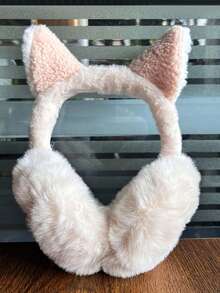 1个可爱纯色猫耳毛绒保暖可折叠耳罩，适合冬季女生，冬季出门必备的防寒助手