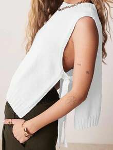 Women's Knit Tank Tops Sleeveless Crew Neck Solid Color Side Tie-Up Loose Fit Vest For Summer Spring Fall - White - View 3