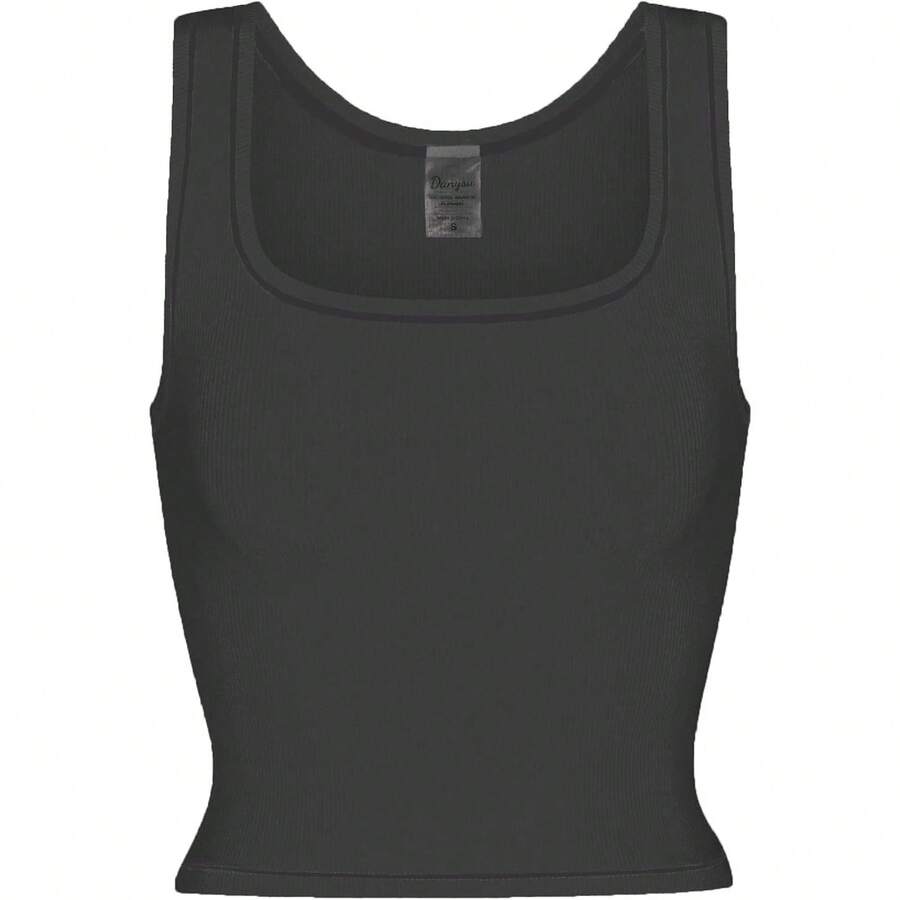 Camiseta de mujer de costilla con acolchado, top de entrenamiento de cuello cuadrado, top corto ajustado, camiseta básica de tirantes - Carbón gris - Ver 1