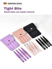 Juego de 4 pinzas de acero inoxidable de colores, herramienta portátil para dar forma a las cejas y eliminar el vello, pinzas para cejas de acero inoxidable en color morado, set de herramientas de maquillaje para extensiones de pestañas, dar forma a las cejas, depilar la barba y herramientas auxiliares para pestañas postizas (morado, rosa, negro)