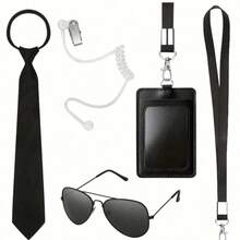 Bộ phụ kiện trang phục điệp viên 5 món, cà vạt thời trang có thể điều chỉnh, kính râm đen, thẻ ID, tai nghe đạo cụ, trang phục an ninh gián điệp, trang phục vệ sĩ, trang phục hóa trang Halloween cho nam và bé trai - màu đen - Xem 8