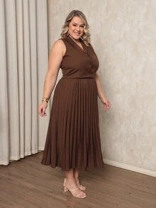 ANLE MODAS Women's Set Pleated Skirt With Elegant Vest Luis Twill Plus Size - Coffee Brown - View 3