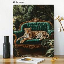 1Pc 2D Flat Canvas Wall Art,Prints,Canvas Posters,Painting,Wall Art,Wall Decor,Art Poster,Home Decor,Living Room Office Hallway Wall Decor,Leopard Lounging On Emerald Green Velvet Sofa Print,2D Flat Printed,2D Surface,No 3D Effect,Not Oil Painting,Tropical Jungle Artwork Framed Ready To Hang,Green Gold Brown - 綠色 - 查看 3