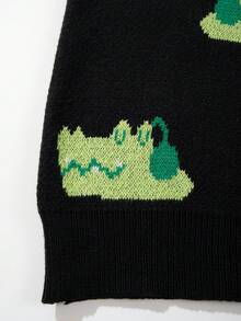 Suéter masculino casual folgado de cor sólida com estampa fofa de crocodilo e letras, ideal para outono e inverno.