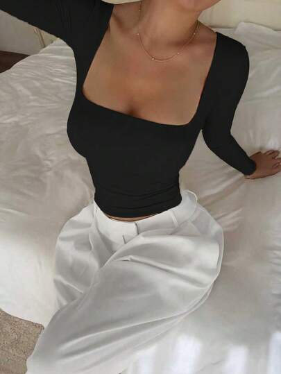 Top de manga larga básico y minimalista con cuello redondo, de doble capa y ajuste sin costuras