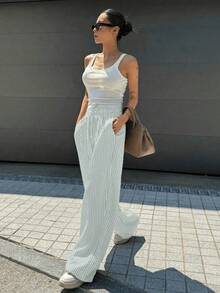 Wide Leg Striped Elastic Palazzo Pants With Pockets - Grey - View 6