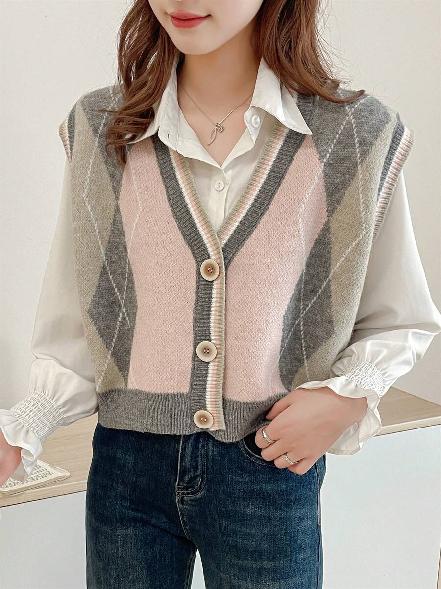 Vintage Collegiate Style Contrast Color Argyle Pattern Knit Vest, No Shirts - Pink - View 1
