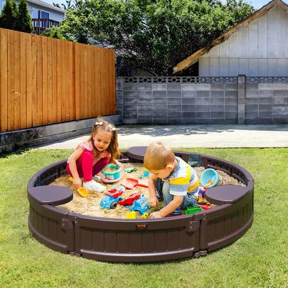 Sandbox With Cover, 47.2 X 9.1 In Round Sand Box, HDPE Sand Pit With 3 Corner Seating And Bottom Liner, Kids Sandbox For Outdoor Backyard, Beach, Park, Gift For Boys Girls Ages 3-12, Brown