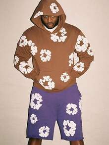 Denim Flower Puff Print Hoodie, Graphic Vintage Pullover Streetwear Voor Men-400g Pure Heavy60%Polyester+40%Cotten 2pcs - màu xanh nước biển - Xem 2