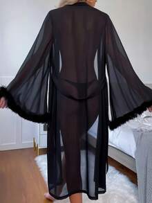 Women's Sexy Long Sleeve Robe - Deep V-Neck Tie Design, Flowing Long Style, Suitable For Home & Leisure, Comfortable & Warm | Deep V-Neck Robe - Black - View 3