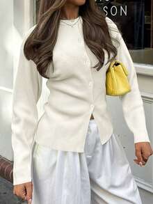 Live To Mo Fspring Break Outfits Butter Yellow Cardigan With Long Sleeves And Buttons, Casual Y2K Style. Perfect For Valentine's Day, Going Out Tops Women And Daily Wear. - White - View 9