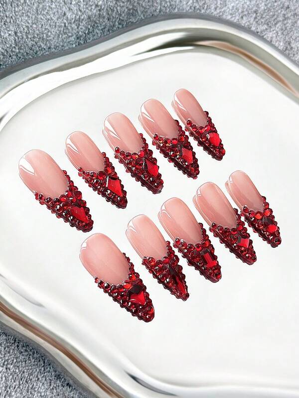 Unhas Stiletto Francesas Feitas à Mão - Base Nude com Cristal Glitter Azul Esmeralda Cobertura Total e Designs de Luxo 3D, Unhas Postiças Brilhantes de Cobertura Total DIY para Datas, Festas, Reuniões, Trabalho, Passeios, Eventos Festivos e Ocasiões Especiais - 10 Peças/Pacote