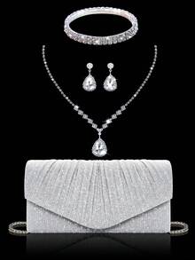 Fashionable Pleated Clutch Bag Evening Bag Prom Bag, Shiny And Elegant Bridal Wedding Bag Women's Handbag Purse Shoulder Bag, Matched With Luxurious Rhinestone Jewelry Three Pieces Set, Sparkling Rhinestone Necklace, Bracelet, Earrings, Suitable For Parties, Gatherings, Weddings - Silver - View 2