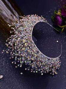 1pc Luxury Handmade Rhinestone Bridal Crown, Rhenish Stone Queen Tiara, Wedding Hair Accessory, Autumn Bride Headpiece Valentine's Day Accessories - Colorful - View 7