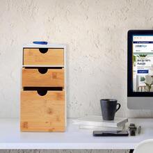 Relaxdays Schubladenbox, Bambus & MDF, HBT: 28x17x21,5 cm, Mini-Kommode 3 Schubladen, Schreibtisch Organizer, Natur/weiß