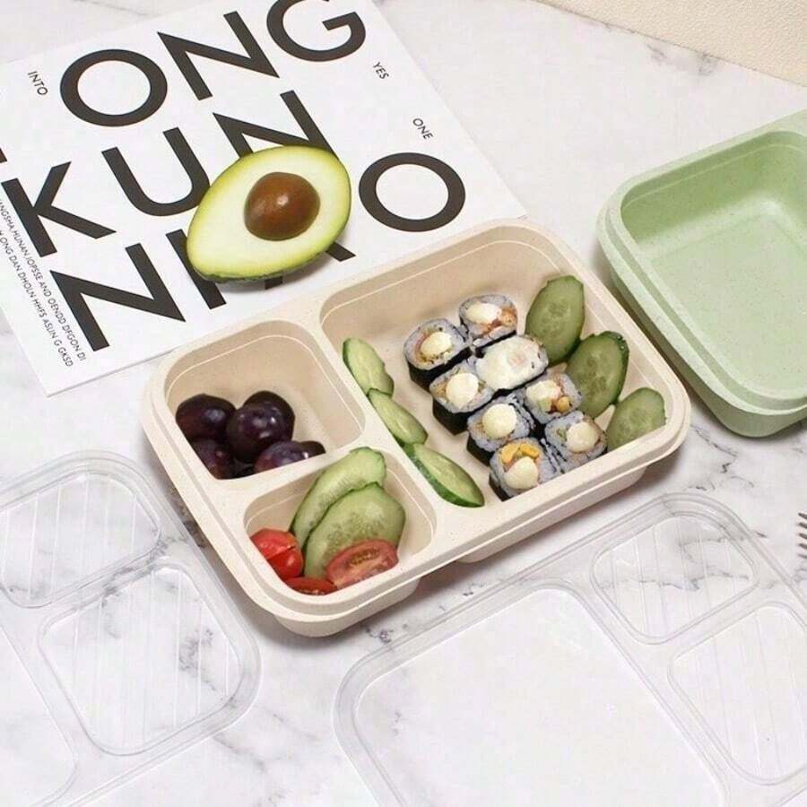 New 3-Compartment Lunch Box With Lid, No Odor, Suitable For Sharing And Packing Food, Snack Compartment Box, Nut Candy Sealed Box, Small Food, Cakes, Fruits, Refrigerator Fresh-Keeping Box, School Supplies - Light Brown - 查看 1