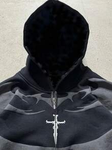 Y2K Gothic Print Hoodie For Men And Women - Dark Fashion Zip-Up Sweatshirt, Stylish & Casual Streetwear For All Seasons - 黑色 - 查看 4
