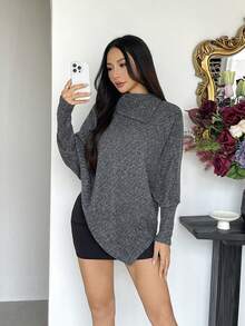 Top de Manga Longa Assimétrica de Tricô Canelado com Gola Alta e Manga Morcego, Cor Sólida, Adequada para Uso Casual, Noite, Festa de Solteiros, Viagem no Outono/Inverno