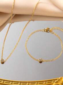 Stainless Steel Waterproof, Non-Fading, Fashionable, Simple Gold One Pendant Necklace And Bracelet Set Suitable For Women's Daily Wear