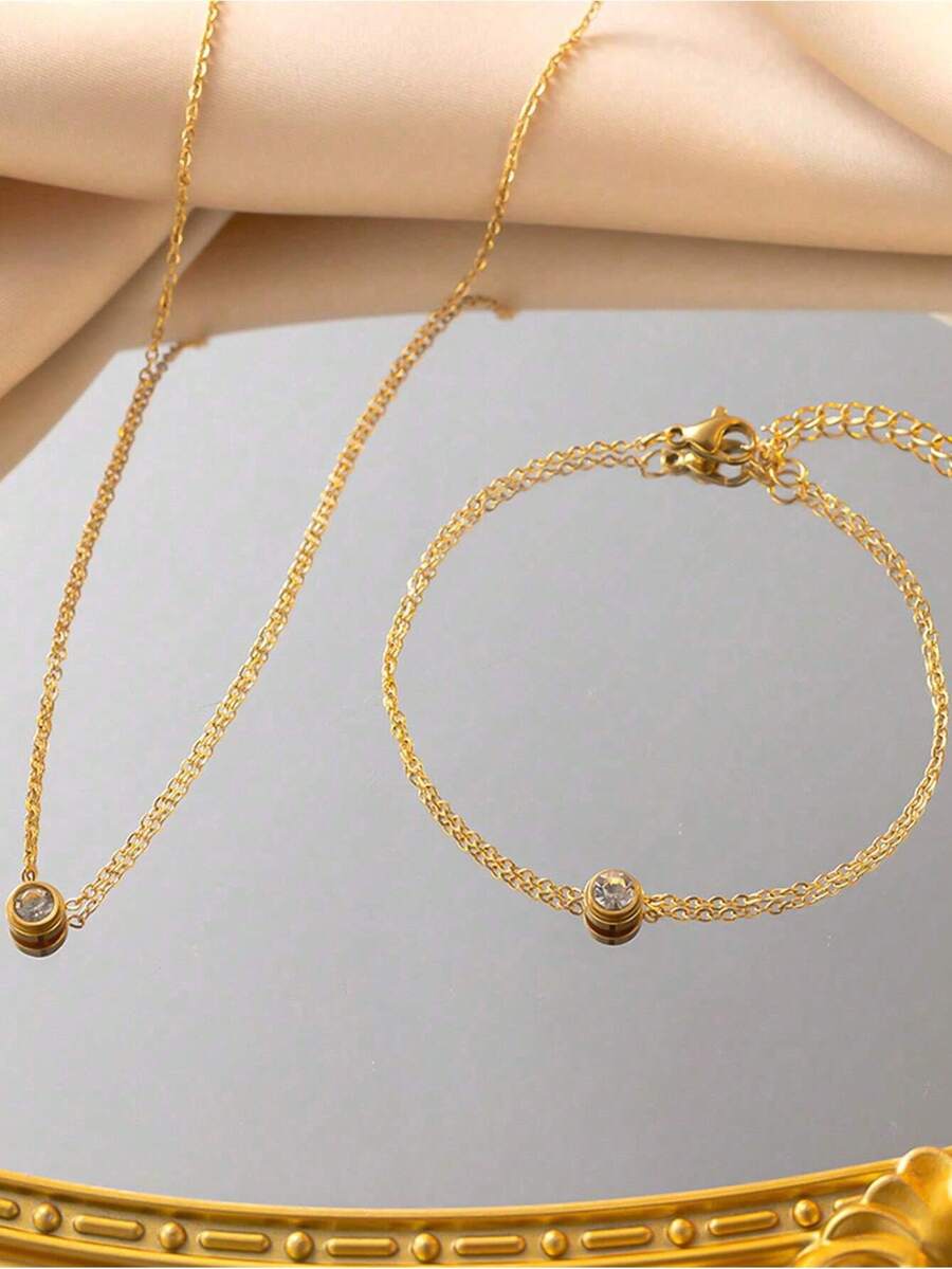 Stainless Steel Waterproof, Non-Fading, Fashionable, Simple Gold One Pendant Necklace And Bracelet Set Suitable For Women's Daily Wear