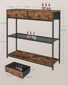 VASAGLE Mesa de Entrada Estrecha, Mesa de Consola de 3 Niveles, con 2 Cajones de Tela, 24 x 76 x 80, Marrón Rústico y Negro Tinta MLNT092K01 - 1 - Ver 3