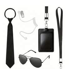 Bộ phụ kiện trang phục điệp viên 5 món, cà vạt thời trang có thể điều chỉnh, kính râm đen, thẻ ID, tai nghe đạo cụ, trang phục an ninh gián điệp, trang phục vệ sĩ, trang phục hóa trang Halloween cho nam và bé trai - màu đen - Xem 3
