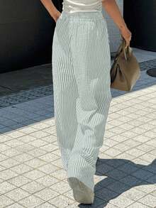 Wide Leg Striped Elastic Palazzo Pants With Pockets - Grey - View 6