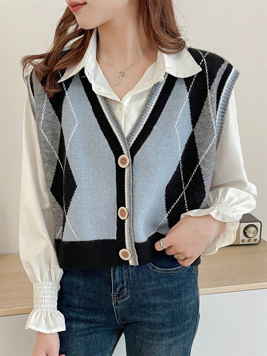 Vintage Style Contrast Color Rhombus Pattern Knitted Vest, No Shirt - Grey - View 1