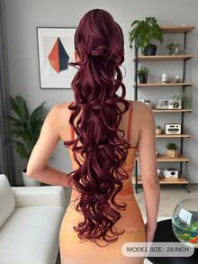 Accessorio per capelli a forma di artiglio per coda di cavallo, colore rosso vino, parrucca sintetica a onde profonde resistente al calore da 28 pollici, adatta per feste di Natale, Ognissanti e uso quotidiano delle donne