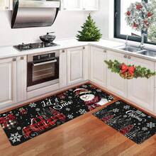 Covoraș de Crăciun 1/2 buc, fundal negru clasic de lux, împodobit cu fulgi de zăpadă albi, covoraș de bucătărie cu model drăguț de om de zăpadă și glob de Crăciun roșu, decorațiune de Crăciun, potrivit pentru decorarea petrecerilor, baie, bucătărie și spălătorie, bucătărie de acasă, utilizare în interior și exterior, decorare interioară