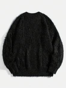 男式超大落肩马海毛套头衫，秋冬 - 黑色 - 查看 2