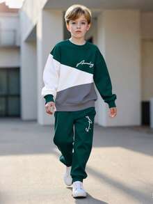 男童/大童青少年春秋運動衫與運動長褲兩件套，輕量配色字母印花長袖上衣與收口慢跑褲，簡約休閒時尚童裝 - 墨綠色 - 查看 2