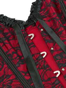 Corset bustier overbust sans bretelles pour femmes, top moulant avec détail nœud en dentelle, fermeture par boutons à l'avant, laçage dans le dos, convient pour Halloween - Rouge foncé - Voir 11