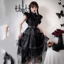 星期三亚当斯吸血鬼新娘哥特式角色扮演服装，万圣节深色迷你连衣裙