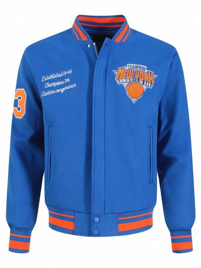 男士蓝色棒球夹克，高端刺绣皮革，时尚街头风运动休闲经典复古拼接长袖嘻哈摩托车夹克，秋冬款