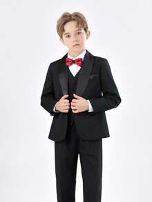 Conjunto formal de 3 piezas para niño pequeño: chaqueta de cuello mao de manga larga, chaleco de una hilera, pantalones y corbata de moño - Negro - Ver 1