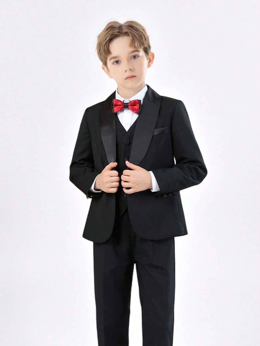 Conjunto formal de 3 piezas para niño pequeño: chaqueta de cuello mao de manga larga, chaleco de una hilera, pantalones y corbata de moño - Negro - Ver 1