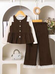 3pcs/Set Young Girls Solid Color Long Sleeve Comfortable T-Shirt, Floral Trim Cardigan Vest And Pants Outfit, Autumn/Winter