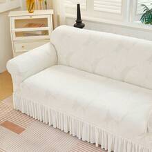 1pc Solid Color Jacquard Thick Elastic Skirt Style Sofa Cover, Soft Fabric Suitable For Living Room, Bedroom, Study - Big Leaf Skirt- - View 7