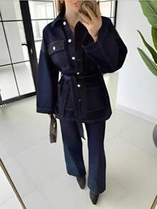 Women's Dark Washed Belted Button Front Pocket Detailed Fitted Waist Elegant Denim Two Pieces Set - Dark Wash - View 2