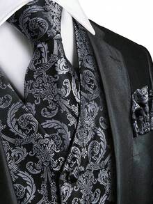 Plus Size Mens Waistcoat Grey Floral Vest Tuxedo Gilet Tie Pocket Square Cufflinks Set Wedding Formal Casual Business Party - 灰色 - 查看 3