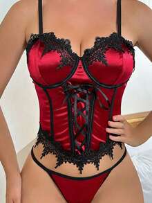 weiweihu 2-Piece Underwear Set  Halloween    Satin    Ripped  Cut Out    Lencería Sexy Para Mujeres   For All Seasons    Shapewear Tummy Control   Corset De Mujer   Halloween Costumes>Rave   Sexy Halloween Costumes Women - 酒紅色 - 查看 1