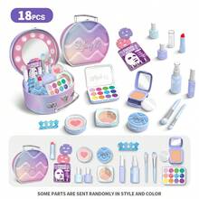 3/18pcs Pretend Makeup Vanity Playset For Girls, Portable Makeup Organizer Toy Box, Princess Dress Up Makeup Kit, Children Makeup Toy Handbag Suitable For 3 4 5 6 7 8 Year Old Girls, Learning Makeup Simulation Fashion Party Birthday Halloween Christmas Gift ( Plastic Makeup Toys)
