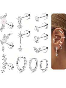 12 件女士平背软骨耳环 - 防过敏手术不锈钢耳钉环软骨耳环套装耳甲海螺耳屏耳轮穿孔珠宝