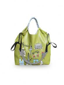 1pc Fashion Versatile Leather Embroidered Architecture Pattern Foldable Large Capacity Tote Bag, Adjustable Shoulder Strap For Daily Commute & Shopping