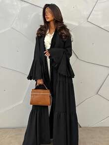 Hafizah New Fashion Flare Sleeve Solid Color Embroidered Robe With Headscarf Spring Black Fall - Black - View 4