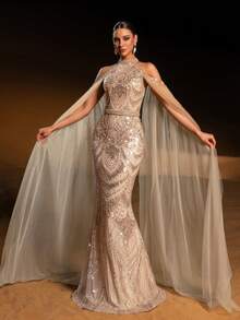 Faeriesty Haute Glamour Elegant Halter-Neck Mermaid Gown With Sheer Sleeves And Sparkly Sequin Beadwork – Fish-Scale Pattern, Long Flowing Train For Galas, Wedding Guest Attire, Upscale Parties & Red-Carpet Occasions For Women