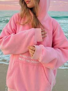 Men Women Y2k Graphic Hoodies Long Sleeve Oversized Hooded Sweatshirt Floral Embroidered Beach Hoodies Pullover Tops For Teen Girl Preppy Aesthetic Clothes - 粉色 - 查看 4