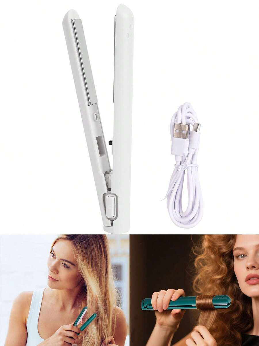Portable Hair Straightener And Curler 2 In 1 Mini Flat Iron USB Charge Pocket Size Travel Straight Curl Tools For Women Men - White - View 1